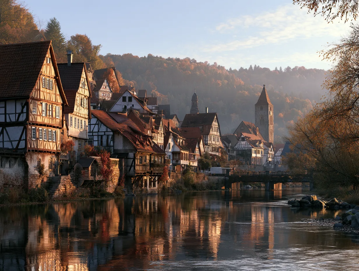 Fachwerkhäuser an der Nagold in Calw (KI-generiertes Bild)