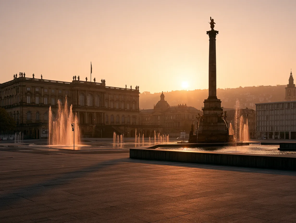 Der Stuttgarter Schlossplatz mit Neuem Schloss und Jubiläumssäule (KI-generiertes Bild)