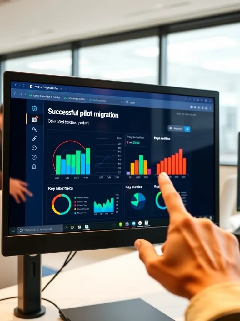 A screenshot of a monitoring dashboard displaying real-time migration progress, with key metrics such as mailbox synchronization status, error rates, and overall completion percentage.